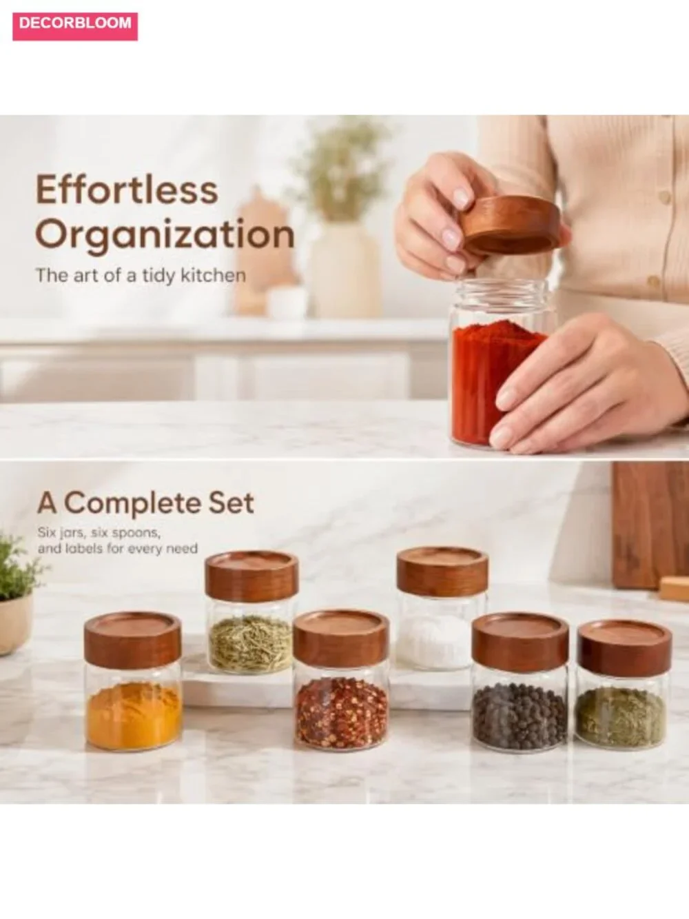 6-Pack 4oz Stackable Glass Jars with Acacia Wood Lids & Spoons, Airtight Food